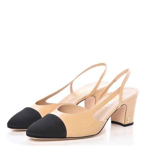 chanel beige black pumps|CHANEL Goatskin Grosgrain Cap Toe CC Slingback Pumps 38.5 Beige Black .